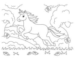 page de livre de coloriage pour les enfants. la licorne saute à travers la clairière. personnage de style dessin animé. illustration vectorielle isolée sur fond blanc. vecteur