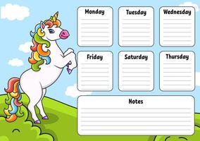 calendrier scolaire avec licorne magique. pour l'éducation des enfants. isolé sur fond blanc. avec un personnage de dessin animé mignon. vecteur