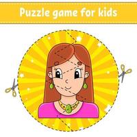 couper et jouer. casse-tête rond. puzzle logique pour les enfants. page d'activité. pratique de coupe pour le préscolaire. personnage de dessin animé. vecteur