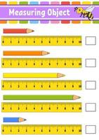 objet de mesure avec règle. feuille de travail de développement de l'éducation. jeu pour les enfants. page d'activité en couleur. casse-tête pour les enfants. personnage mignon. illustration vectorielle. style bande dessinée. vecteur