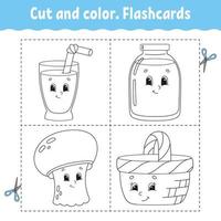 coupe et couleur. jeu de flashcards. livre de coloriage pour les enfants. personnage de dessin animé mignon. silhouette de contour noir. isolé sur fond blanc. vecteur