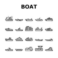 bateau, eau, transport, types, icônes, ensemble, vecteur