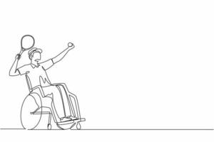 dessin en ligne continue d'un athlète masculin handicapé jouant au tennis assis en fauteuil roulant. sportif tenant une raquette et servant le ballon. une ligne dessiner illustration vectorielle de conception graphique vecteur