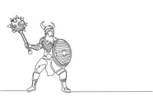 une ligne continue dessinant un grand guerrier orange musclé fort viking avec une masse et un bouclier furieusement attaqués. viking dans un casque à cornes tenant une masse et un bouclier. graphique vectoriel de conception de dessin à une seule ligne
