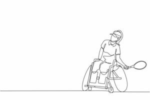 une ligne continue dessinant une sportive en fauteuil roulant jouant au tennis. concept de société, communauté de personnes handicapées. Loisirs intérêts. illustration graphique vectorielle de conception à une seule ligne vecteur