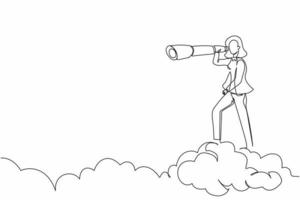 une seule ligne dessinant une femme d'affaires visionnaire sur un nuage supérieur tenant des jumelles pour rechercher une idée d'entreprise. vision du leadership pour voir la stratégie de l'entreprise. ligne continue dessiner illustration vectorielle de conception vecteur