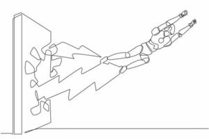 le robot de dessin continu d'une ligne frappe et brise le mur. robot volant brise le mur. organisme cybernétique robot humanoïde. futur robotique. illustration graphique vectorielle de conception de dessin à une seule ligne vecteur