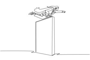 une seule ligne continue dessinant une femme d'affaires super arabe survolant le mur. super-héros employé volant à travers le mur. puissance du concept d'entreprise, succès, surmonter les difficultés. vecteur de conception de dessin d'une ligne