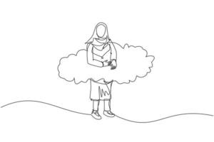 une seule ligne dessinant une femme d'affaires arabe accrochée dans les nuages. espoir de succès, liberté financière, projet d'entreprise gagnant, concept de réalisation. illustration vectorielle graphique de conception de ligne continue vecteur