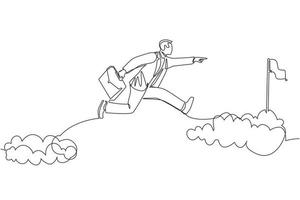 une seule ligne continue dessinant un homme d'affaires courageux et intrépide prend des risques en sautant par-dessus les nuages pour atteindre son objectif ou son drapeau de réussite. défi de sa carrière. une ligne dessiner illustration vectorielle de conception graphique vecteur