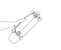 une ligne continue dessinant la main d'un jeune homme hipster tenant un longboard cool à la main. équipement de sport dans la route du parc. voyage d'aventure millénaire. patineur à pied avec planche à roulettes. vecteur de conception de dessin à une seule ligne