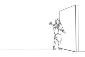 une seule ligne continue dessinant une femme d'affaires debout et tenant un gros marteau face au mur. réalisation des objectifs, stratégie d'entreprise. surmonter avec succès les problèmes. vecteur de conception de dessin d'une ligne