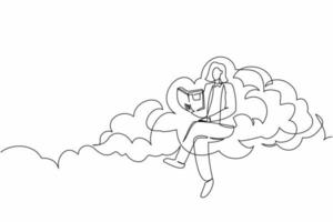 une seule ligne dessinant une femme d'affaires intelligente assise sur un nuage et lisant un livre. étudier pour l'enseignement supérieur. poursuite de la croissance de carrière au bureau. illustration vectorielle graphique de conception de ligne continue vecteur