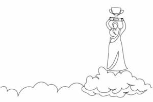 une seule ligne dessinant une femme d'affaires arabe tenant un trophée dans un nuage. réalisation des objectifs de réussite commerciale. célébrant le concours gagnant. illustration vectorielle graphique de conception de dessin en ligne continue vecteur