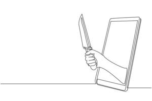 dessin continu d'une ligne main féminine tenir un couteau de cuisine via un téléphone portable. concept de jeux de cuisine mobiles, application de divertissement pour smartphones. illustration vectorielle de dessin à une seule ligne vecteur