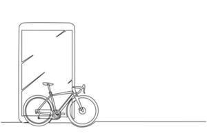 une seule ligne dessinant un smartphone et un vélo de route. véhicule écologique, icône monochrome de vélo de sport. attribut de voyage en ville de vitesse, symbole de passe-temps cycliste. vecteur graphique de conception de dessin en ligne continue