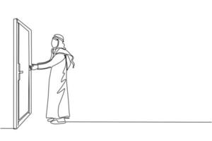 dessin en ligne continue unique un homme d'affaires arabe insère la clé dans le trou de la serrure qui se trouve sur la porte. l'homme ouvre la porte du bureau avec la clé. concept d'entreprise de succès. une ligne dessiner vecteur de conception graphique