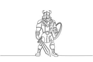 dessin d'une seule ligne continue homme guerrier viking dans un casque à cornes tenant une épée et un bouclier. personnage de dessin animé masculin avec arme debout dans une pose belliqueuse. une ligne dessiner illustration vectorielle de conception vecteur