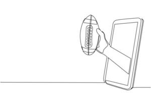 la main continue d'un joueur de dessin au trait tient un ballon de football américain via un téléphone portable. smartphone avec application football américain. championnat de flux de sports mobiles. vecteur de conception de dessin à une seule ligne