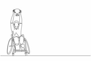 dessin en ligne continue unique homme handicapé en fauteuil roulant tenant le vainqueur du trophée de la coupe d'or. rééducation de la personne. tournoi de jeu, entraînement sportif, défi. vecteur de conception graphique d'une ligne