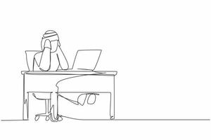 une ligne continue dessinant un personnage d'homme de bureau fatigué. un homme arabe travaille sur un ordinateur portable se sentant mal. tenir sa tête. mal de tête malade, épuisé, stressé, dépression. graphique vectoriel de conception à une seule ligne