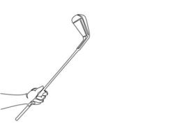 une ligne continue dessinant la main du golfeur tenant un bâton de golf. golfeur tenant le concept de coin. main humaine avec bâton, club et symbole de sport de balle. équipement des golfeurs. graphique vectoriel de conception de dessin à une seule ligne