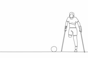 une seule ligne continue dessinant une femme handicapée avec des béquilles jouant au football dans le stade. athlète de football handicapé. sportive amputée jouant à la compétition sportive. vecteur de conception graphique d'une ligne