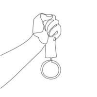 une seule ligne dessinant une main vintage humaine tenant un croquis de ruban avec une médaille d'or. conception d'emblème de concept dans un style rétro isolé sur fond blanc. ligne continue dessiner illustration vectorielle graphique vecteur
