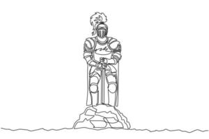 une seule ligne dessinant un chevalier médiéval en armure, cape, casque avec plume. guerrier du moyen âge debout et retirant l'excalibur de la pierre. vecteur graphique de conception de dessin de ligne continue moderne