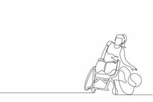 athlète de dessin d'une seule ligne jouant au basket-ball assis en fauteuil roulant. femme aux jambes paralysées s'entraînant avec ballon. personne handicapée faisant du sport. vecteur de conception de dessin en ligne continue