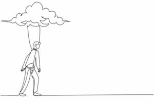 dessin d'une seule ligne malheureux homme d'affaires déprimé marchant sous un nuage de pluie. seul perdant triste dépression masculine. solitude par temps couvert. illustration vectorielle graphique de conception de dessin en ligne continue vecteur