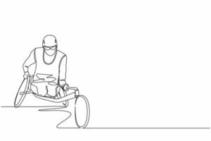 course de dessin en ligne continue sur le fauteuil roulant de sport. sportif handicapé dans le tournoi de jeux. passe-temps et intérêts des personnes handicapées. illustration vectorielle de conception graphique d'une ligne vecteur