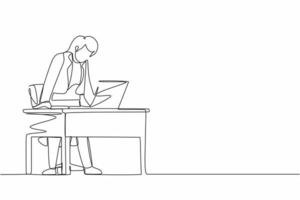 une seule ligne dessinant une femme d'affaires frustrée et furieuse criant et hurlant un ordinateur portable à écran sur son bureau de travail. mauvaises émotions de l'espace de travail. illustration vectorielle graphique de conception de dessin en ligne continue vecteur