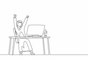 une seule ligne dessinant un homme d'affaires arabe heureux assis avec les mains levées sur son lieu de travail. un employé de bureau célèbre l'augmentation de salaire de l'entreprise. illustration vectorielle graphique de conception de ligne continue vecteur