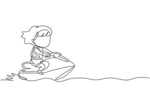 une ligne continue dessinant une petite fille faisant du jet ski. enfant souriant heureux avec des promenades en scooter des mers sur les vagues de l'océan. concept de sports nautiques d'été. illustration graphique vectorielle de conception de dessin à une seule ligne vecteur