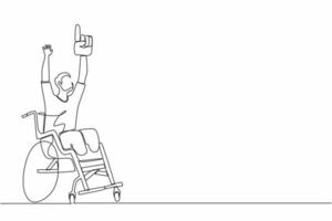 une seule ligne dessinant un jeune homme handicapé heureux en fauteuil roulant célébrant la victoire de l'équipe de football. fan de football en fauteuil roulant. championnat de jeux. vecteur graphique de conception de ligne continue
