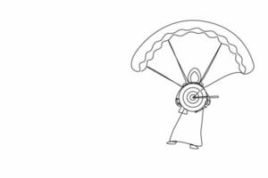 une seule ligne dessinant une femme d'affaires arabe tenant une cible avec une flèche dans la bulle et sautant avec un parachute. concept minimal d'objectif de financement d'entreprise. vecteur graphique de conception de dessin de ligne continue moderne