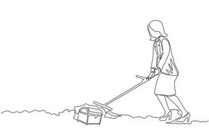 femme d'affaires de dessin en ligne continue unique avec détecteur de métaux à la recherche d'un coffre au trésor. femme chercheuse de trésors avec détecteur de métaux trouvant un bijou précieux. une ligne dessiner illustration vectorielle de conception vecteur