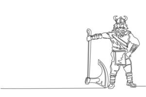 une ligne continue dessinant un viking masculin avec un physique fort et des stands d'air belliqueux tenant une hache. guerrier norseman portant un casque à cornes avec une barbe tenant une hache. graphique vectoriel de conception de dessin à une seule ligne