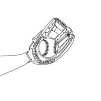 main de joueur de baseball dessinant une seule ligne continue tenant la balle avec un gant. concept de receveur. parc d'équipements sportifs. mitaine tenant une balle de baseball. une ligne dessiner illustration vectorielle de conception graphique vecteur