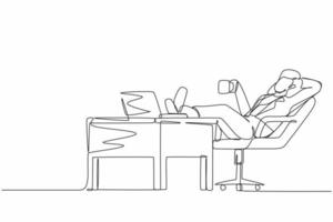 une seule ligne continue dessinant une femme d'affaires travaillant détendue au bureau et buvant une tasse de café. design plat du personnage de l'employé travaillant avec un ordinateur portable. une ligne dessiner illustration vectorielle graphique vecteur