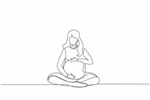 une ligne continue dessinant une jeune femme enceinte heureuse assise avec les jambes croisées à la maison et regardant son ventre. future maman attend bébé caressant son ventre. graphique vectoriel de conception de dessin à une seule ligne