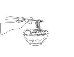 dessin en ligne continue unique soupe de ramen dessinée à la main dans un bol noir avec une main masculine tenant des baguettes. nouille japonaise. cuisine traditionnelle asiatique. dynamique une ligne dessiner illustration vectorielle de conception graphique vecteur