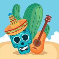 célébration mexicaine avec crâne et cactus vecteur