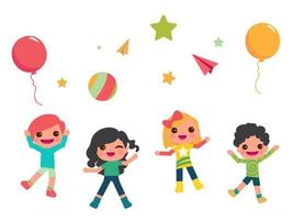 enfants heureux et ballons colorés. fête des enfants heureux garçon et fille avec illustration de ballons. vecteur