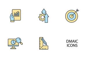 dmaic est un acronyme pour définir, mesurer, analyser, améliorer et contrôler l'ensemble d'icônes. dmaic est un acronyme pour définir, mesurer, analyser, améliorer et contrôler les éléments vectoriels de symboles de pack pour le web infographique vecteur
