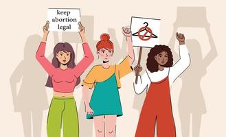 les femmes protestent contre les militantes pro-choix tenant des pancartes mon corps mon choix, garder l'avortement légal, l'avortement est un professionnel de la santé avec des pancartes soutenant le droit à l'avortement lors d'une manifestation de protestation vecteur plat