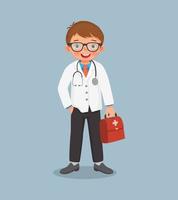 mignon petit garçon avec stéthoscope porte un uniforme de médecin tenant un sac médical. concept d'emploi et de profession à des fins éducatives vecteur