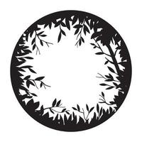 illustration florale de vecteur noir et blanc. cadre rond, bordure avec une forêt magique et féerique. silhouette de la forêt, des herbes ou des branches. arrière-plan pour carte postale, halloween, livre.
