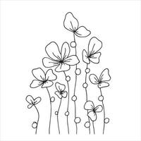 illustration vectorielle dans un style doodle. fleurs sauvages dessinées à la ligne simple, dessin graphique noir et blanc, bordure, cadre. fleurs abstraites, feuilles, branches vecteur